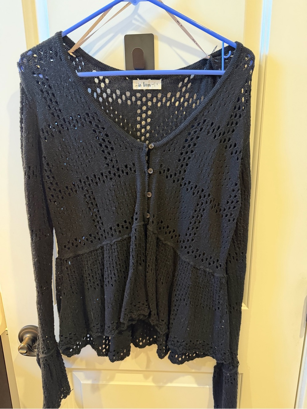In Bloom Black Open-Knit Button Front Peplum Top